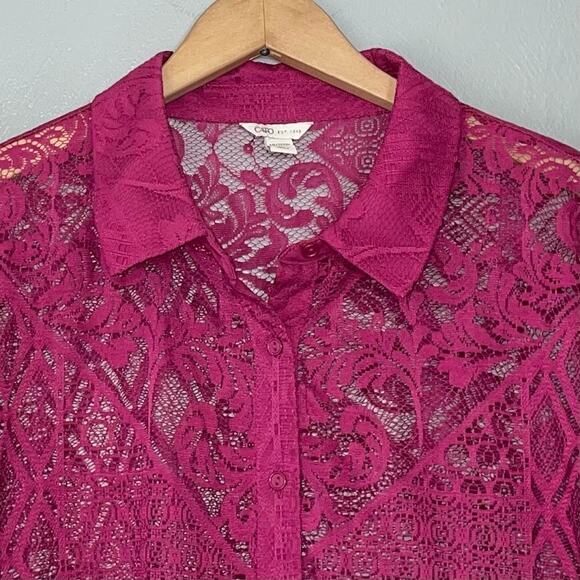 Cato Plus Size 18 20W Pink Lace Overlay Button Up Shirt Sheer Romantic Feminine - Picture 2 of 11